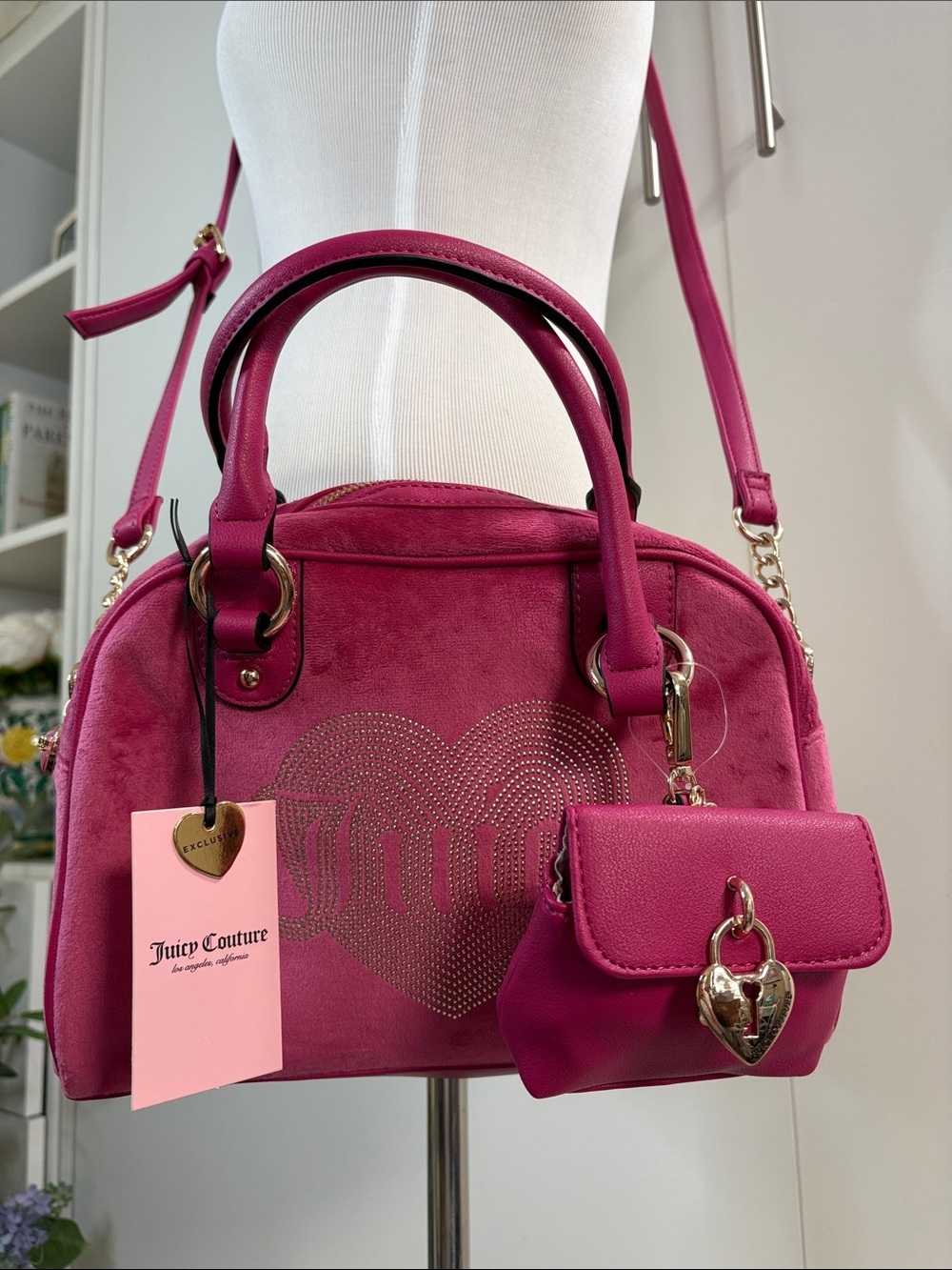 Juicy Couture Queen Couture Hot Pink Heart Satchel with Mini Pouch NWT